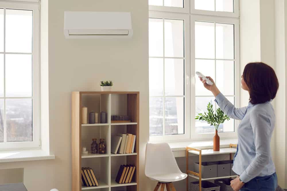 A person stands in a room with large windows, using a remote control to operate a wall-mounted air conditioning unit. The room has a bookshelf with books and plants, a chair, and a small table with a plant in a vase. The light-colored walls create an inviting atmosphere, perfect for relaxing after an AC repair.