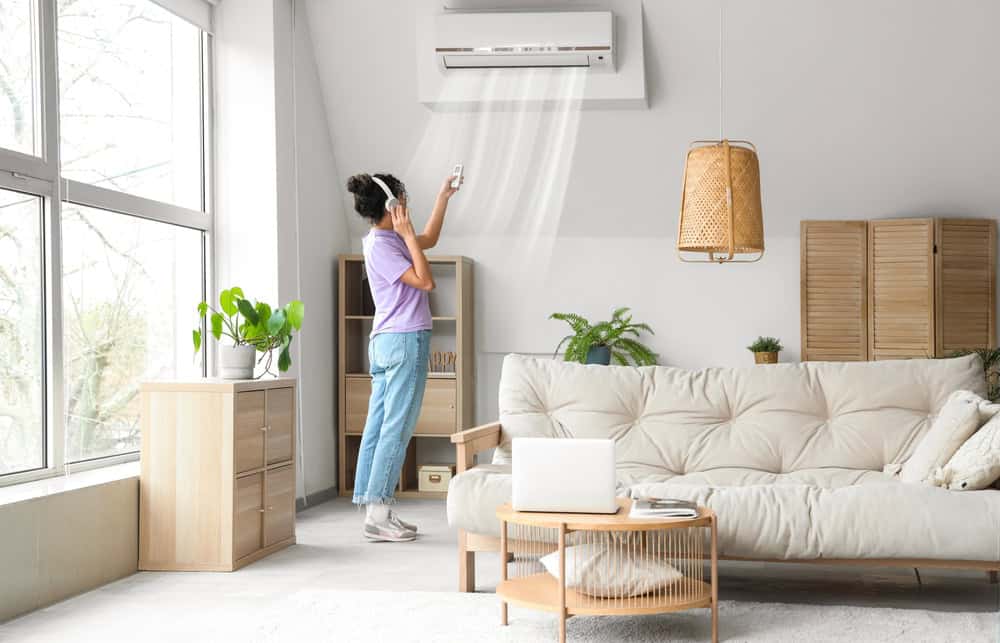 A person stands in a modern living room, adjusting an air conditioner using a remote control. The room features a beige sofa, a wooden coffee table with a laptop, and a potted plant near a large window letting in natural light—ideal for those seeking comprehensive HVAC services.